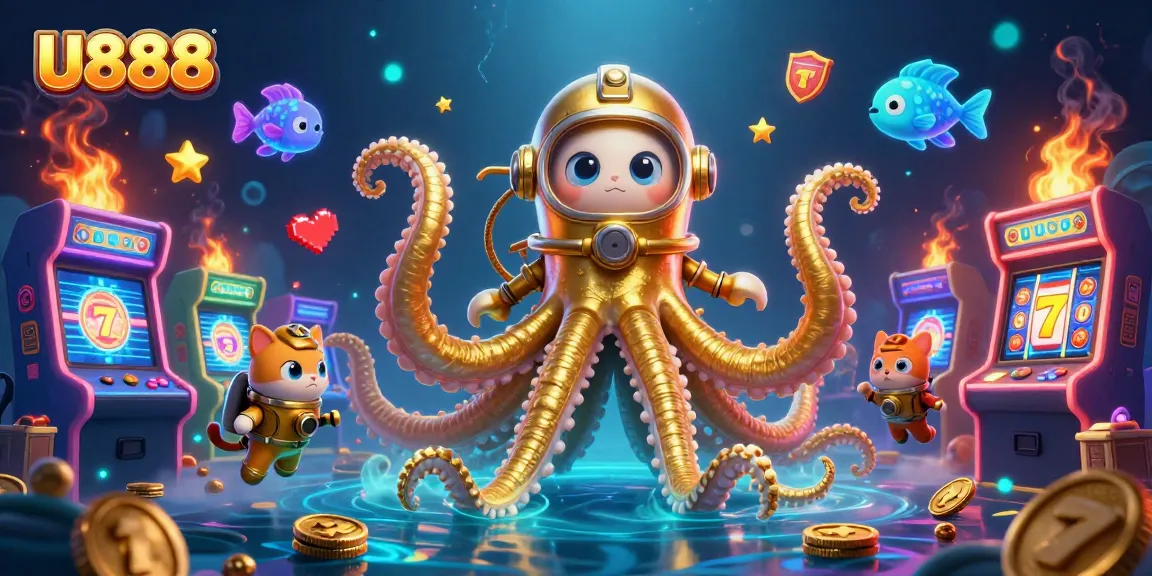 Experience the thrilling U888 gaming atmosphere with a kraken and diving cat, highlighting slot excitement.