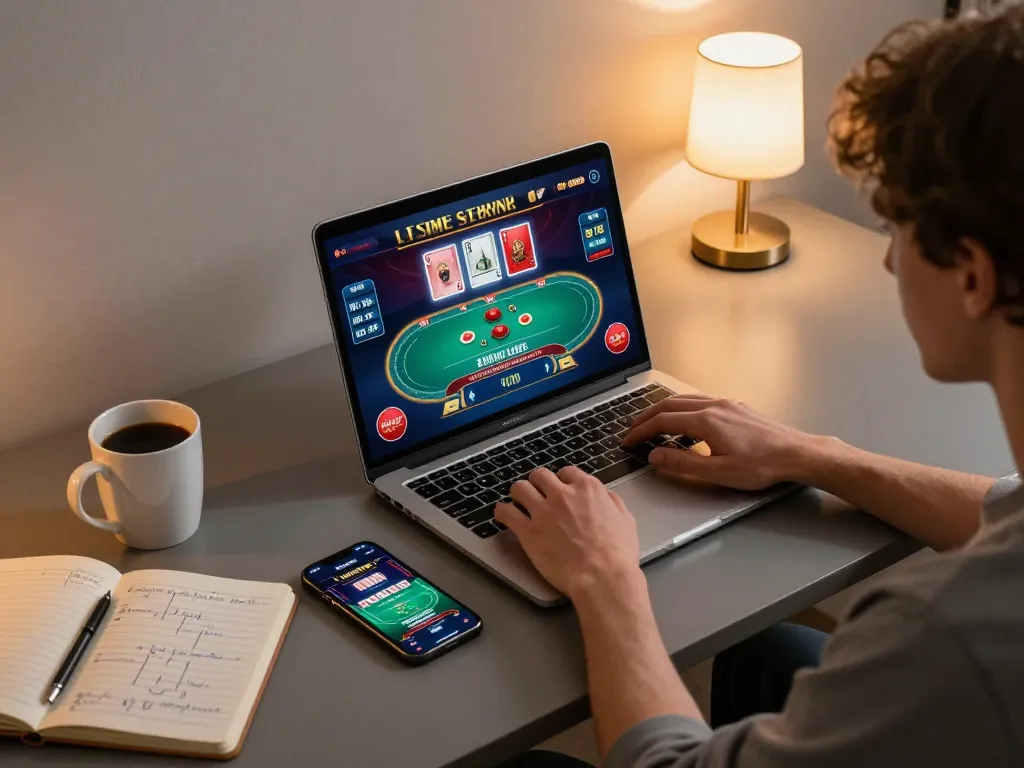 Engaging in strategic online gaming with Five88, showcasing vibrant poker interface and cozy home setup.