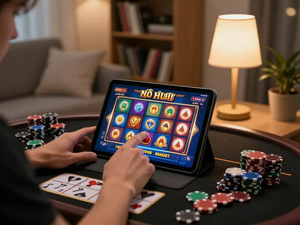 Player engaging with game nổ hũ on tablet, showcasing strategic approach in a cozy home setting