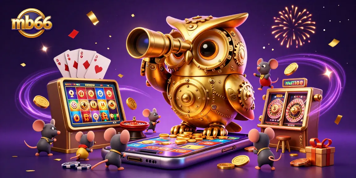 Experience the thrill of mb66 with the golden owl scanning a vibrant casino landscape.