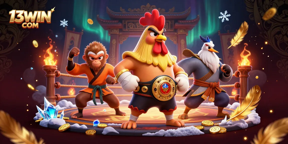 Engage with thrilling matches at 13WIN COM, featuring dynamic cartoon fighters in an exciting casino setting.