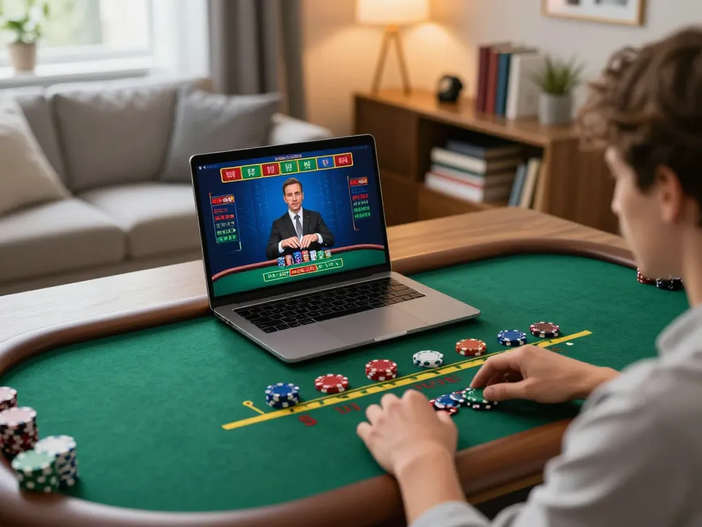 Person playing live dealer blackjack on laptop at home, showcasing online gaming on https://ta88.nl/ with comfortable ambiance.