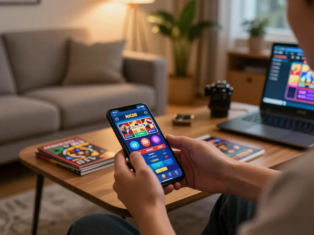 Engaging with the NK88 casino app on smartphone in a cozy gaming setup.
