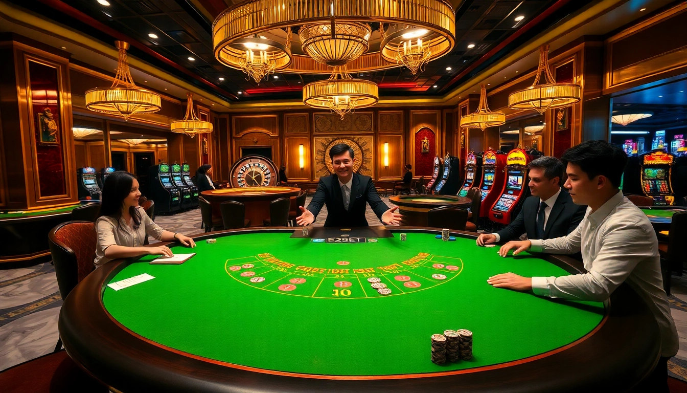 Experience the thrill of e2bet's high-stakes casino atmosphere with engaging gaming tables and vibrant slot machines.