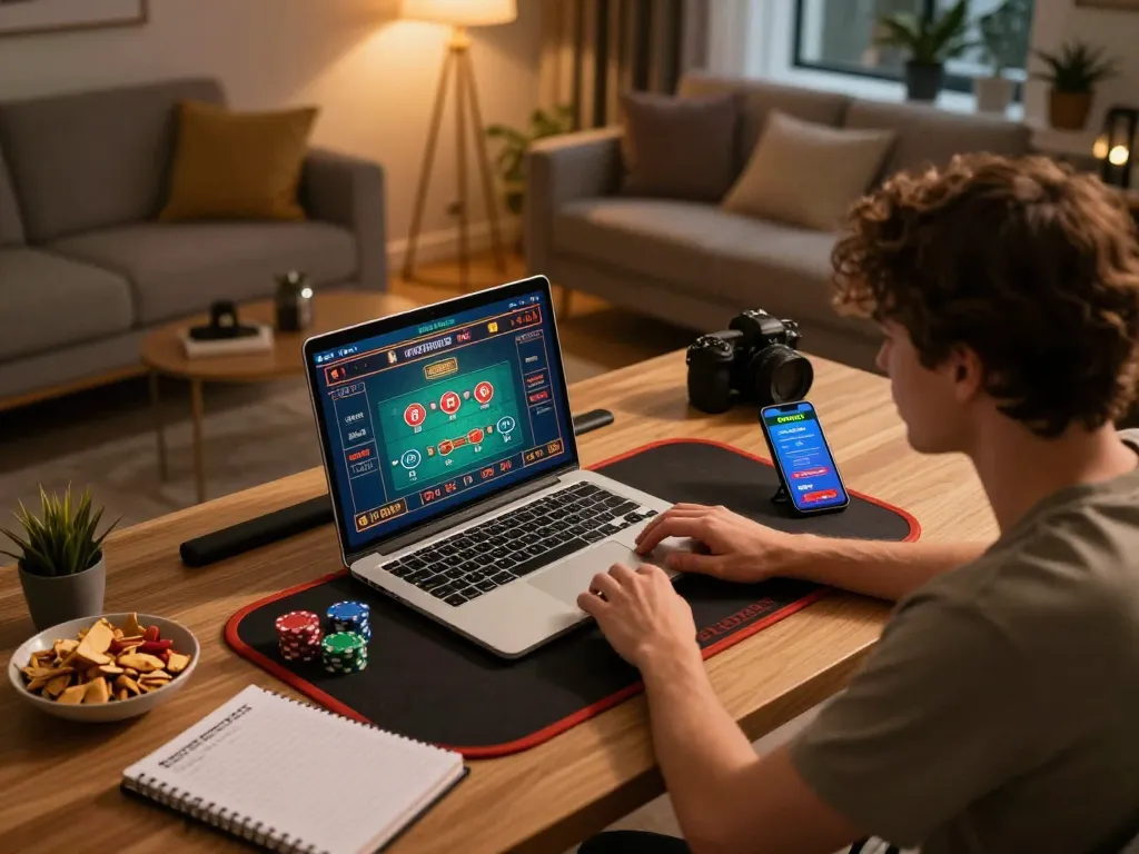 Person engaging in online gambling at HZ88 with a live dealer game displayed on their laptop.