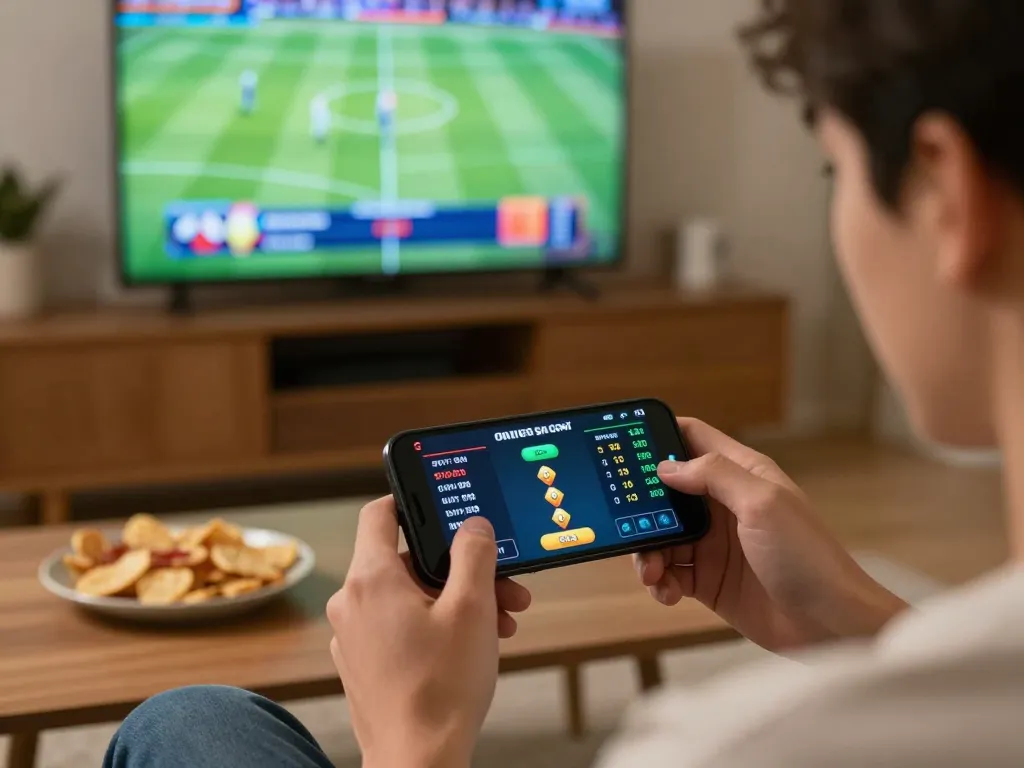 vin88a user placing a bet on sports via smartphone in cozy living room setting