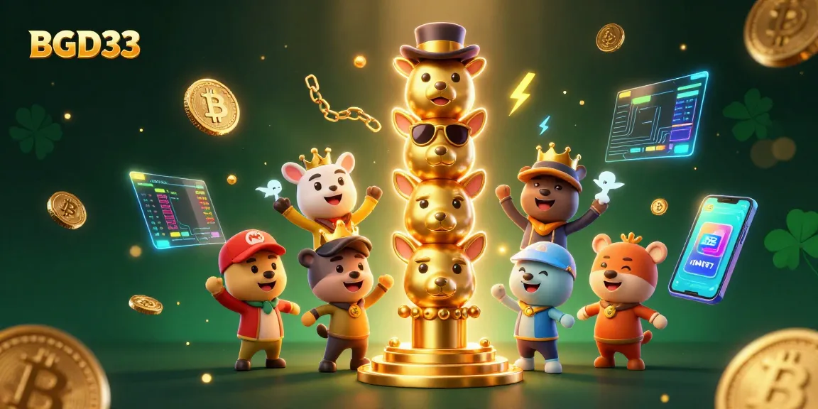 Experience the thrill of BGD33 with vibrant casino scenes, dynamic crypto elements, and an enchanting golden totem pole.