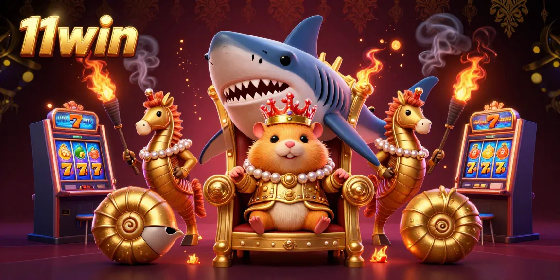 Experience the vibrant 11win casino world with a golden hamster king and slot machines.
