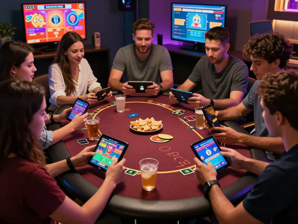 Exciting group of friends enjoying rikvip mới nhất games in a vibrant online casino atmosphere.