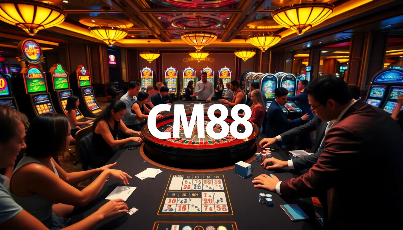 Players enjoying a thrilling roulette game at CM88-themed casino, surrounded by vibrant slot machines and excitement.