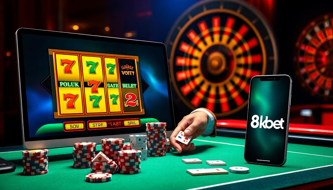 8kbet platform displaying vibrant slot machine reels, poker chips, and live dealer blackjack action