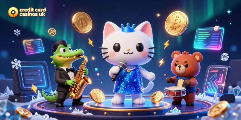 Jazz-singer cat and friends performing amidst vibrant elements of credit card casinos uk.