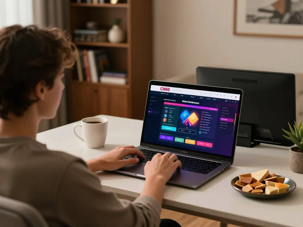 Player engaging with the CM88 platform on a laptop at home, highlighting online gambling strategy and comfort.