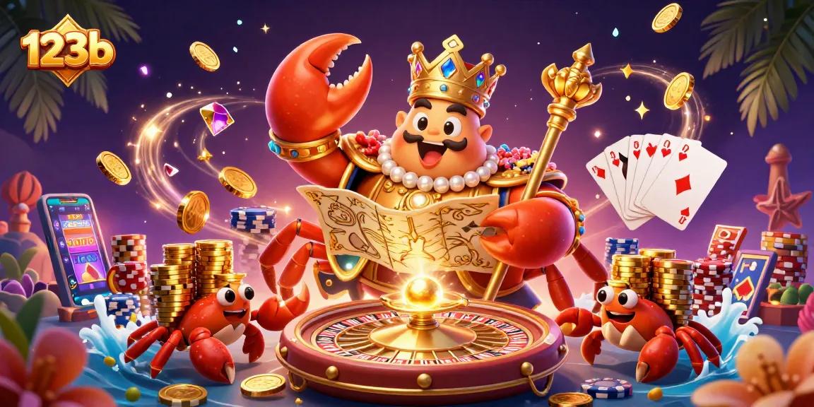 Engage in thrilling gameplay at 123b with a vibrant scene of a golden crab emperor and treasures.