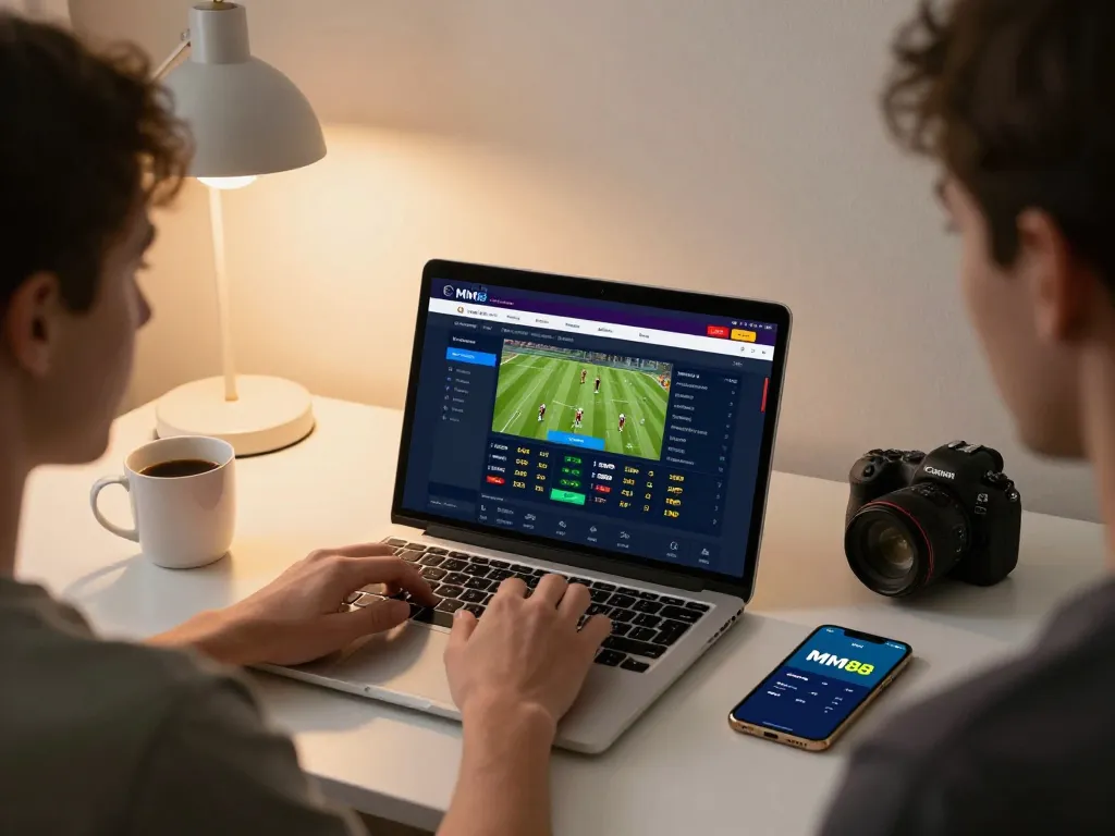 Engaged bettor exploring the MM88 link on a laptop during an online sports betting session.