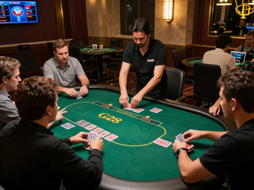 Players showcase strategies at G28's live dealer poker table in a luxurious atmosphere.