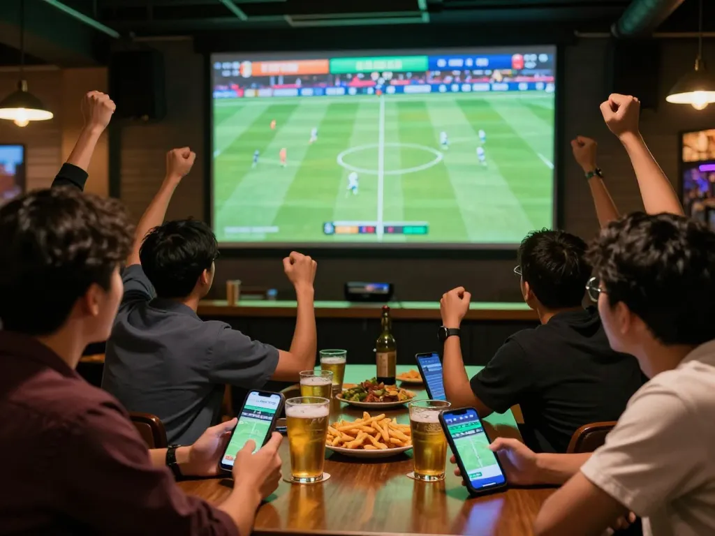 Kèo Nhà Cái betting enthusiast celebrating in a vibrant sports bar during a live match