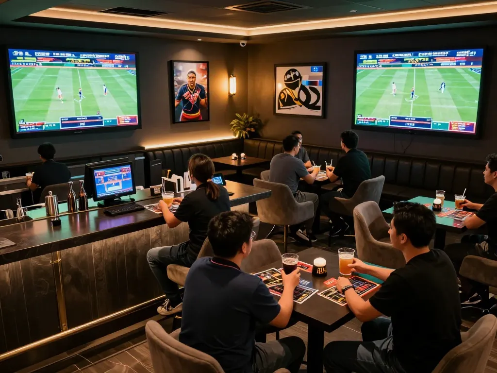 Patrons excitedly engaging in sports betting at a modern lounge, showcasing 8kbetcom actions and vibrant games.