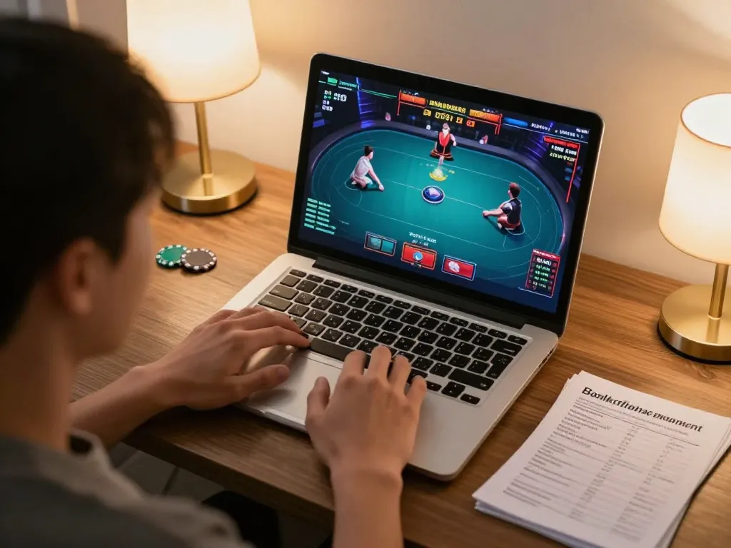 92slot player engaged in strategic online poker gameplay at home, warm ambiance.