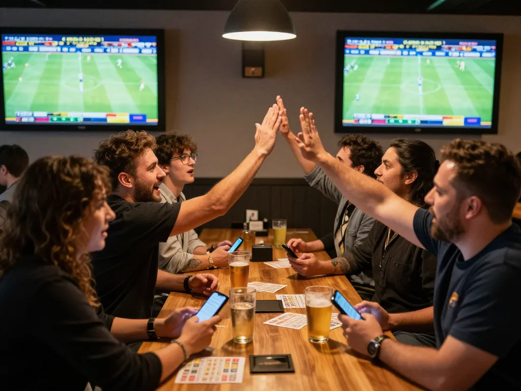 Engaging scene of friends placing bets on their smartphones at a sports bar while watching link ok365 betting odds