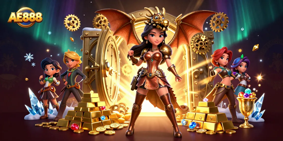 Experience AE888 with a stunning illustration of a woman and clockwork dragon amidst treasures and gambling symbols.
