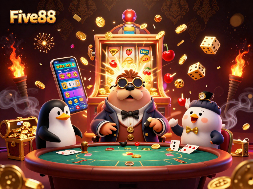 Experience the thrilling Five88 casino atmosphere with vibrant characters and elements showcasing a jackpot celebration.