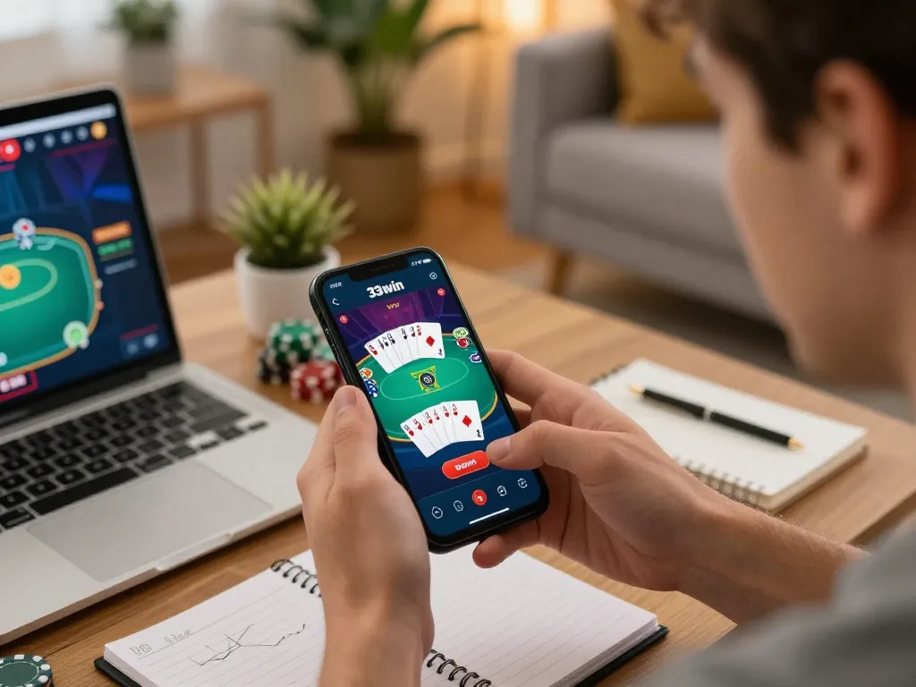 Player enjoying poker on the 33win app in a cozy home setting, highlighting strategic online gambling.