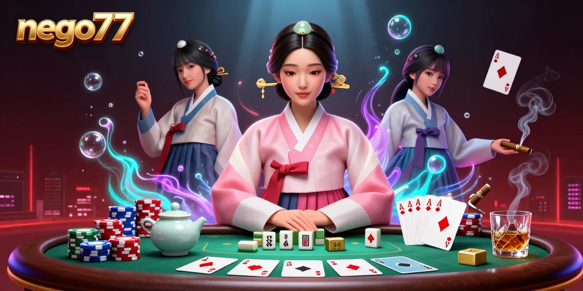 Nego77 showcases an elegant Asian woman in traditional attire at a poker table, embodying gambling luxury.