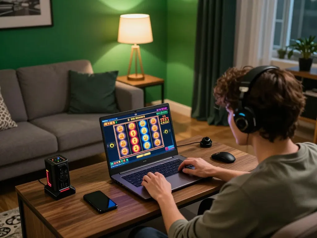 Player engaged in O8 online casino game on laptop in a cozy modern setting.