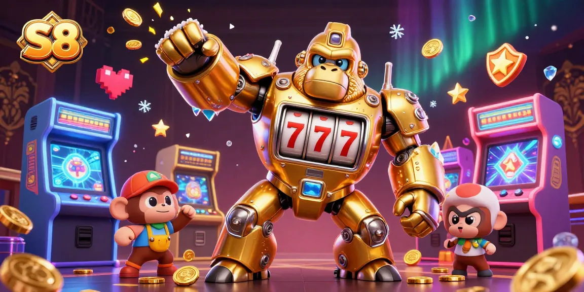 S8's dynamic 3D illustration showcases a golden gorilla mech surrounded by vibrant casino gaming elements.