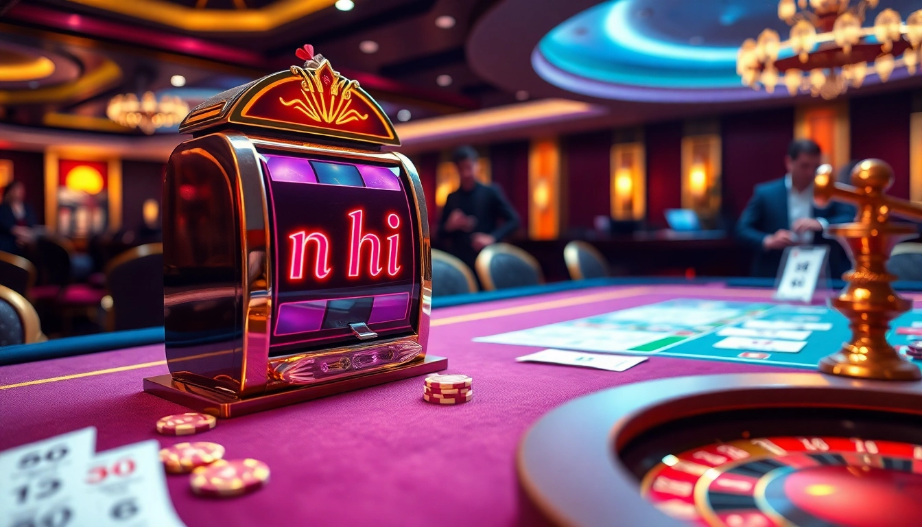 Engaging scene with players excitedly trying their luck at the nổ hũ slot machine in a vibrant casino.