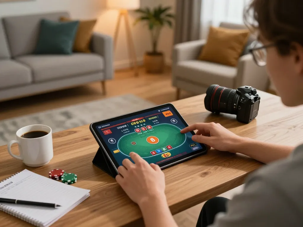 Player engaging in exciting online poker at https://hitclub.im/ with tablet in cozy living room.