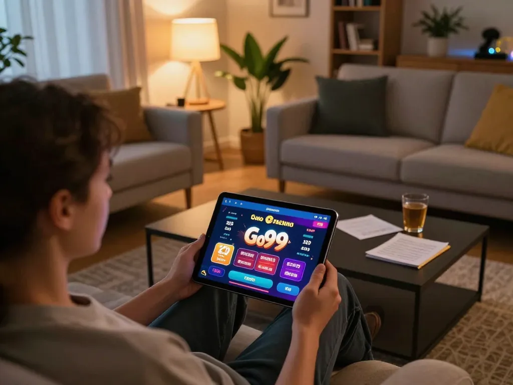 Player enjoying the Go 99 casino app on tablet in a cozy living room, illustrating online gambling