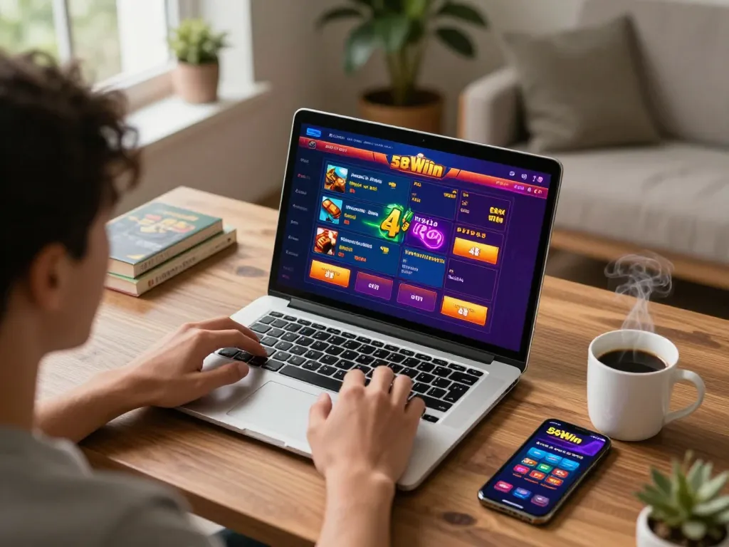 Player enjoying an exciting session on 58Win, showcasing a colorful gaming setup at home.