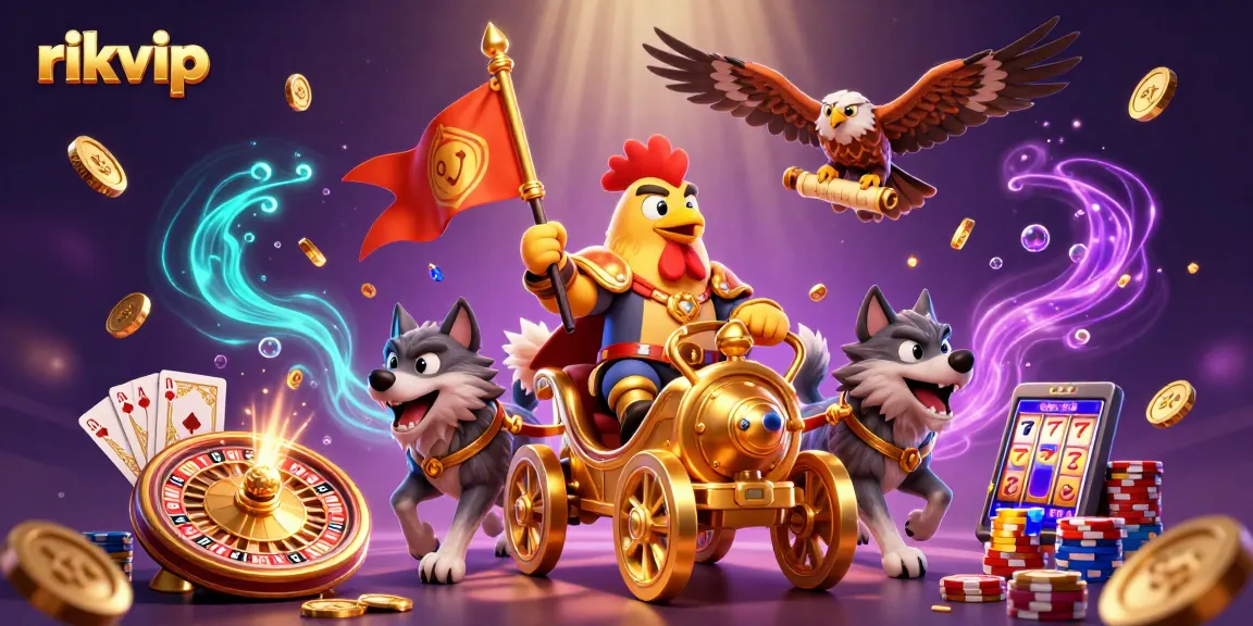 Experience epic winnings at rikvip with a cartoon rooster warlord, golden chariot, and vibrant casino elements.