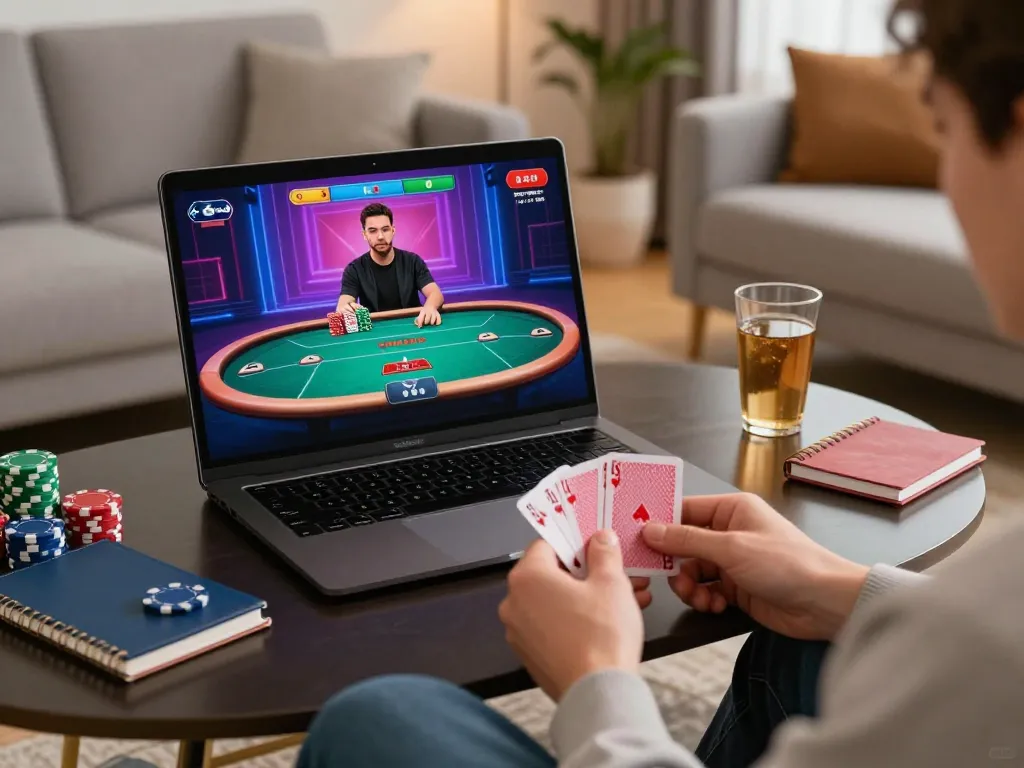 Enjoying a thrilling online poker experience with mm 88 on a tablet in a cozy setting.