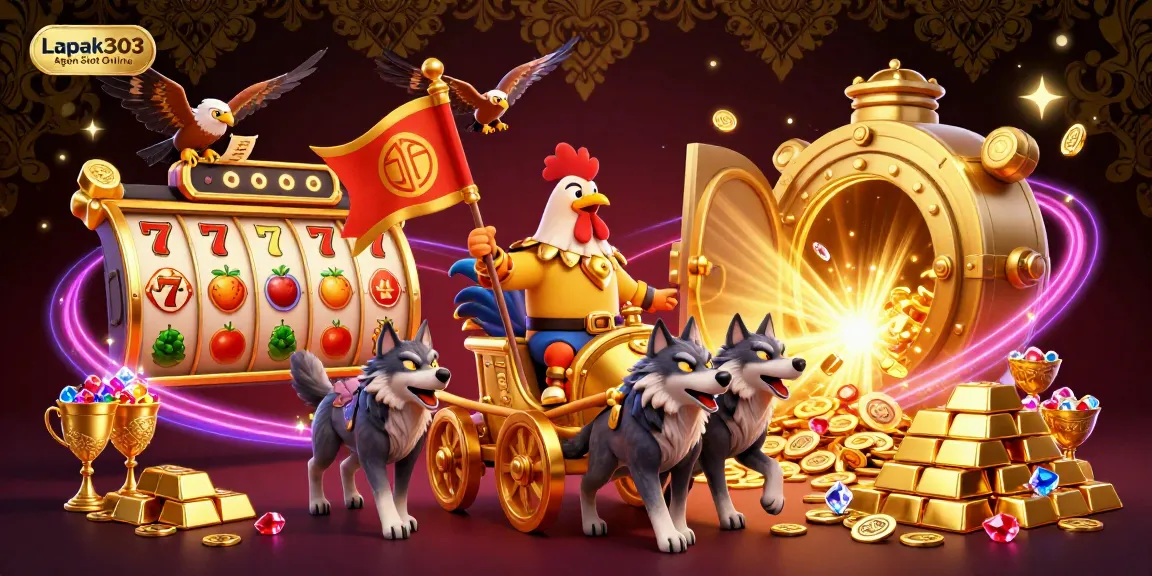 Experience the thrill of Lapak303 Agen Slot Online with an exciting illustrated casino scene.