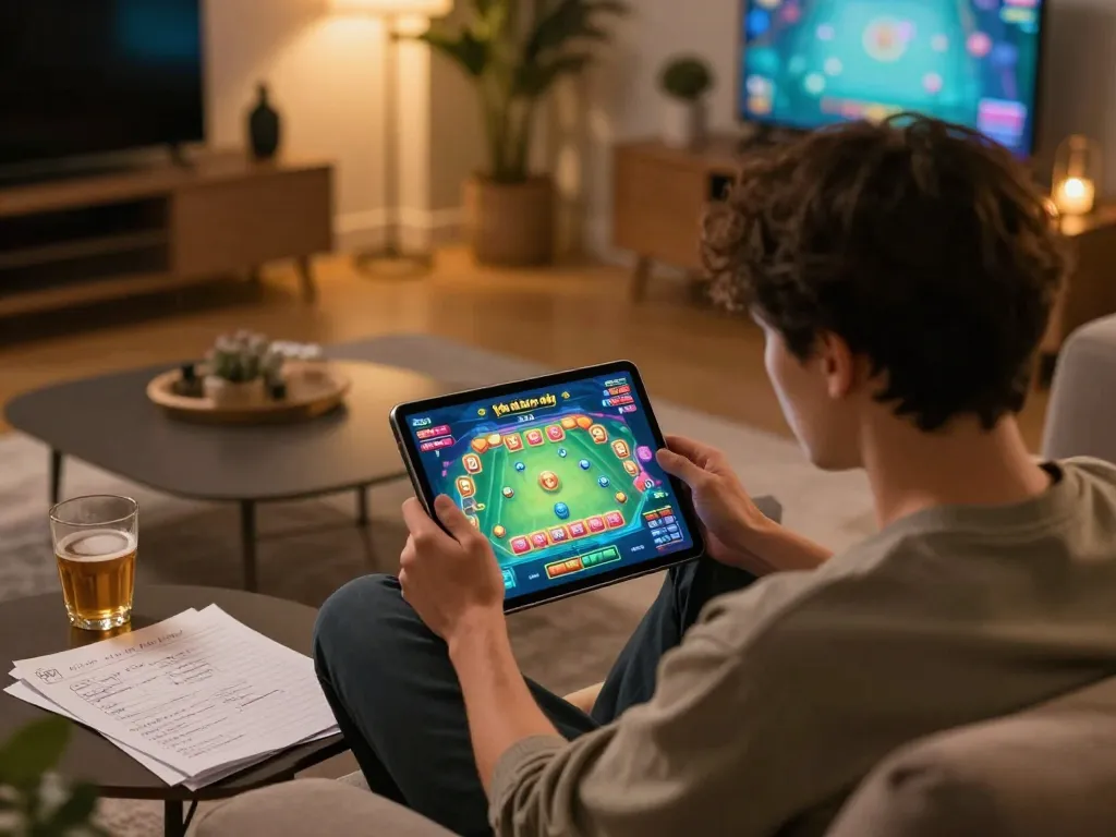 Engaged player focused on game đánh bài screen in cozy home setting with strategies.