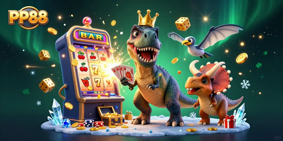 Engage with the excitement of PP88 as a T-Rex shuffles cards while surrounded by vibrant casino elements.
