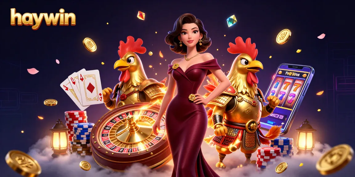 Experience the thrill at haywin with golden coins cascading and a glamorous scene of gaming excitement.