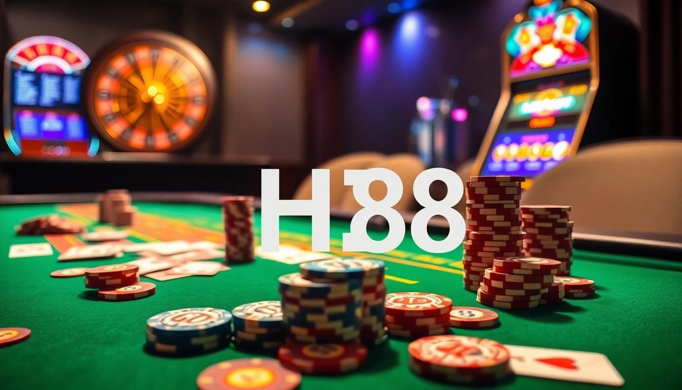 Engaging casino scene with HZ88 branded poker chips and cards, highlighting thrilling gambling action.