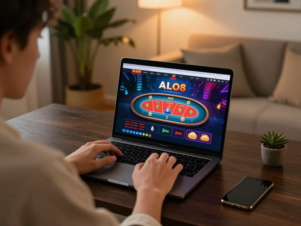 Person enjoying online gaming at ALO8 with vibrant graphics and cozy atmosphere