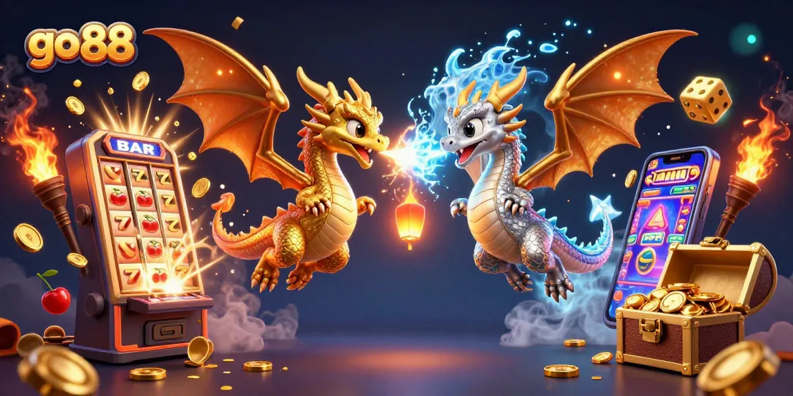 Experience the excitement of go 88 with a dynamic casino scene featuring colorful slot machines and dragons.