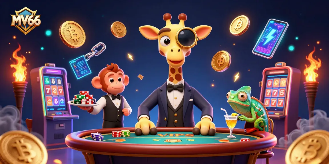 Win big at MV66 with a high-roller giraffe and exciting casino elements, showcasing vibrant colors.