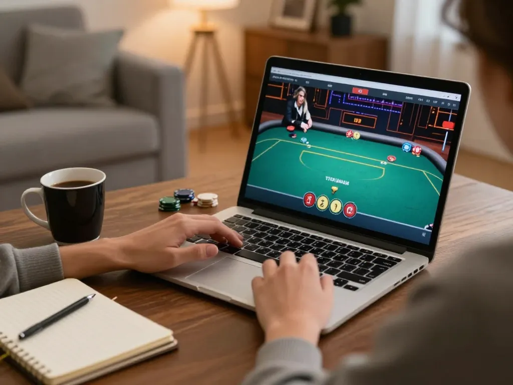 Player enjoying an online poker session at home on LV88, showcasing strategic gameplay and cozy ambiance.