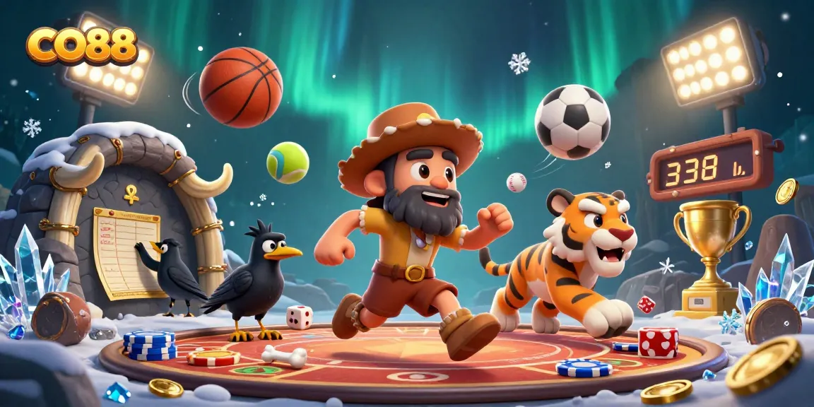 Engage with CO88's thrilling prehistoric casino atmosphere featuring cartoon characters and dynamic gaming elements.