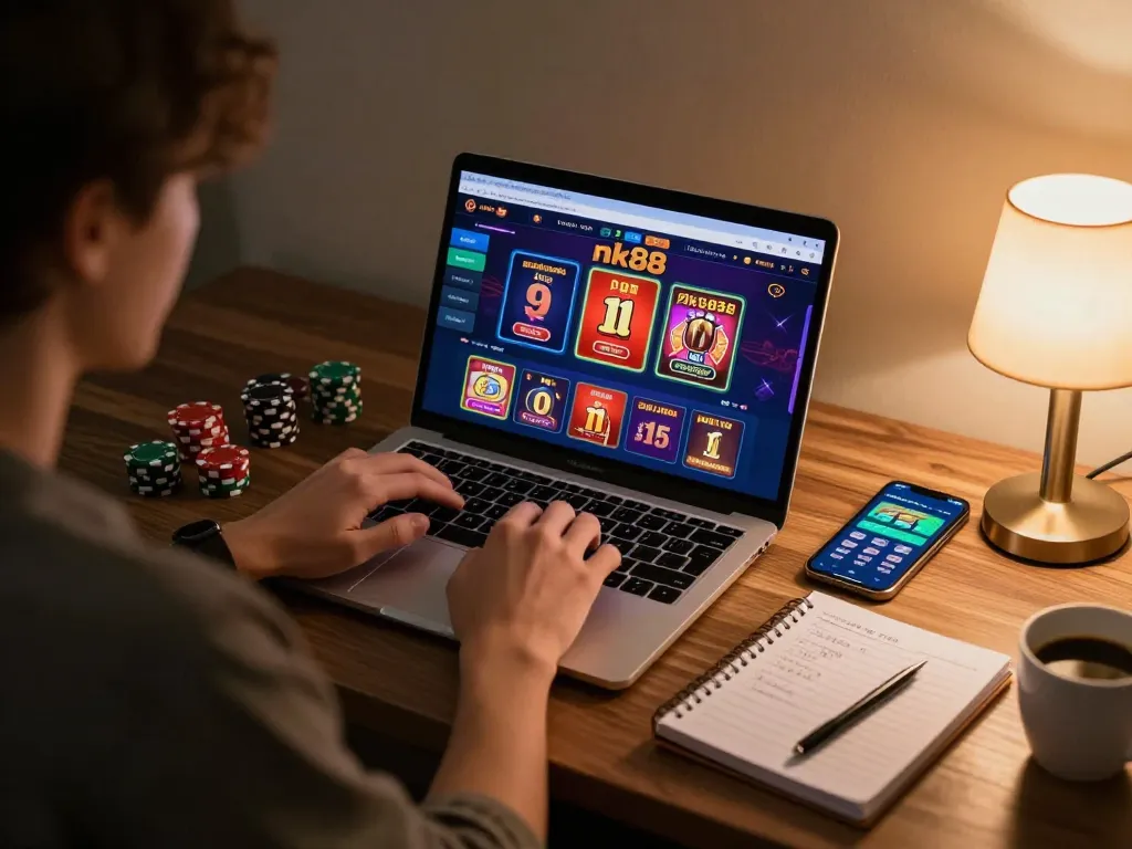 Player engaging in nk88 online gaming, showcasing laptop screen with vibrant casino interface and strategic notes nearby