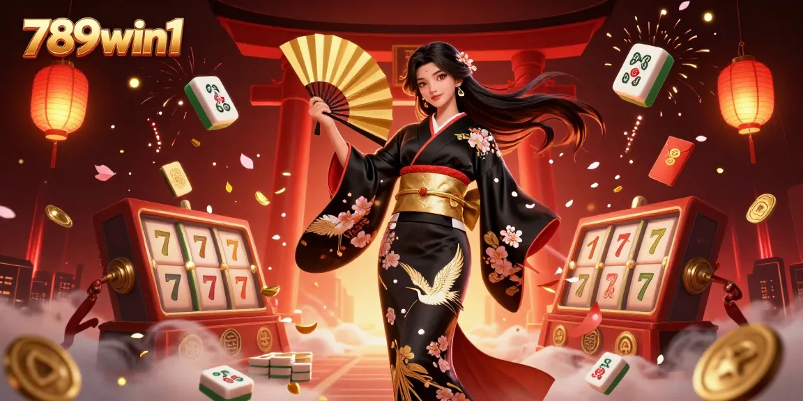 Immerse in 789win1's dynamic casino scene with a graceful Asian woman celebrating winning spins.