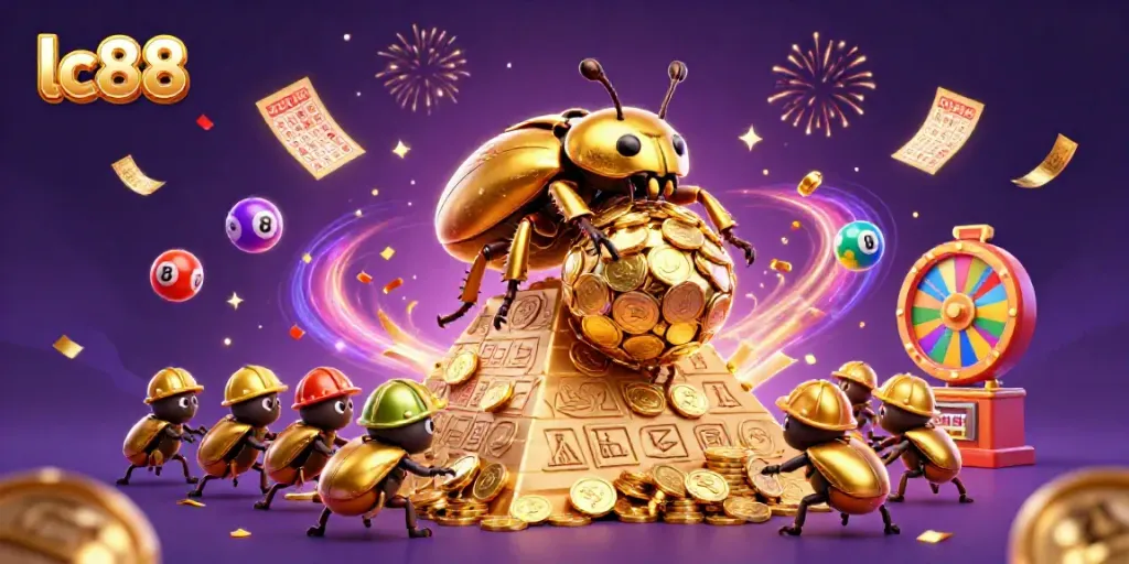 Engage in exhilarating casino fun with lc88 illustrated by a golden dung beetle rolling coins.