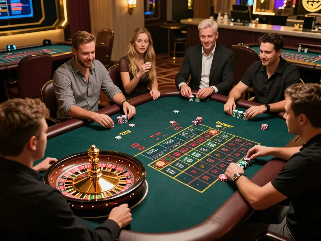 Players engaged in a thrilling SKY88 bet at a live roulette table, chips placed and wheel spinning, excitement in the air.